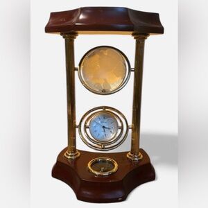 Bulova Cherry Wood Mantel Glass Clock, Compass and  Globe with a Brass Trim